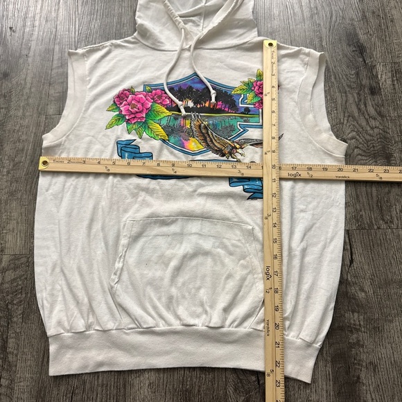 Vintage 80s Harley Davidson Eagle Floral Biker Short Sleeve Hoodie - Picture 3 of 7